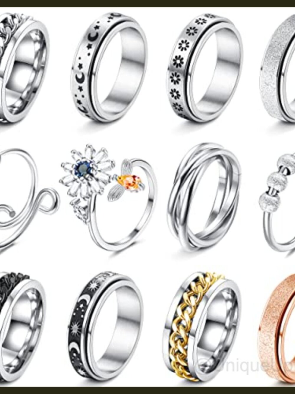 Stainless Steel Fidget Rings Set Anxiety Spinner 12pc